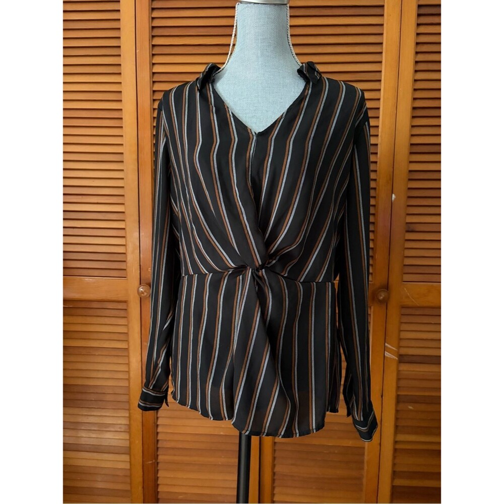 Apt 9 Business Casual Office Black Brown Striped Twist-Front Blouse